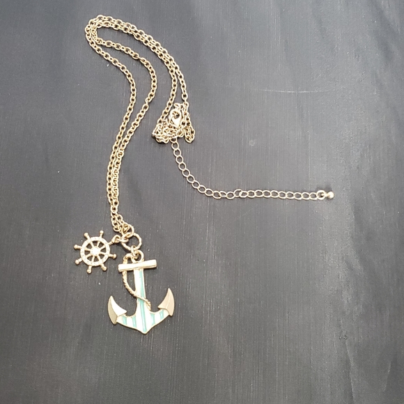 Euc Blue and White Enamel Anchor and Rhinestone Wheel in Gold Tone Setting Chain - Picture 5 of 7